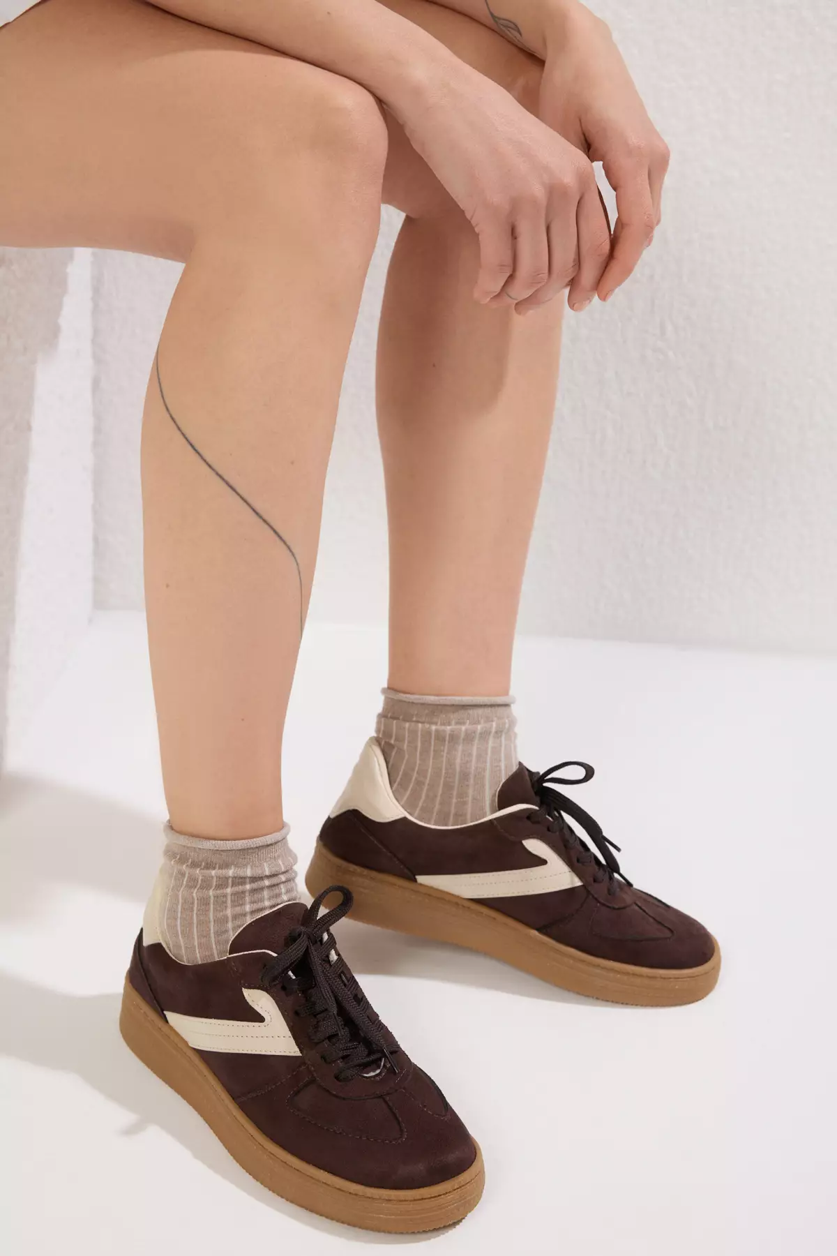 Dark Brown Two Lace-Up Dual-Use Women's Retro Sneakers Takss25Sn00009