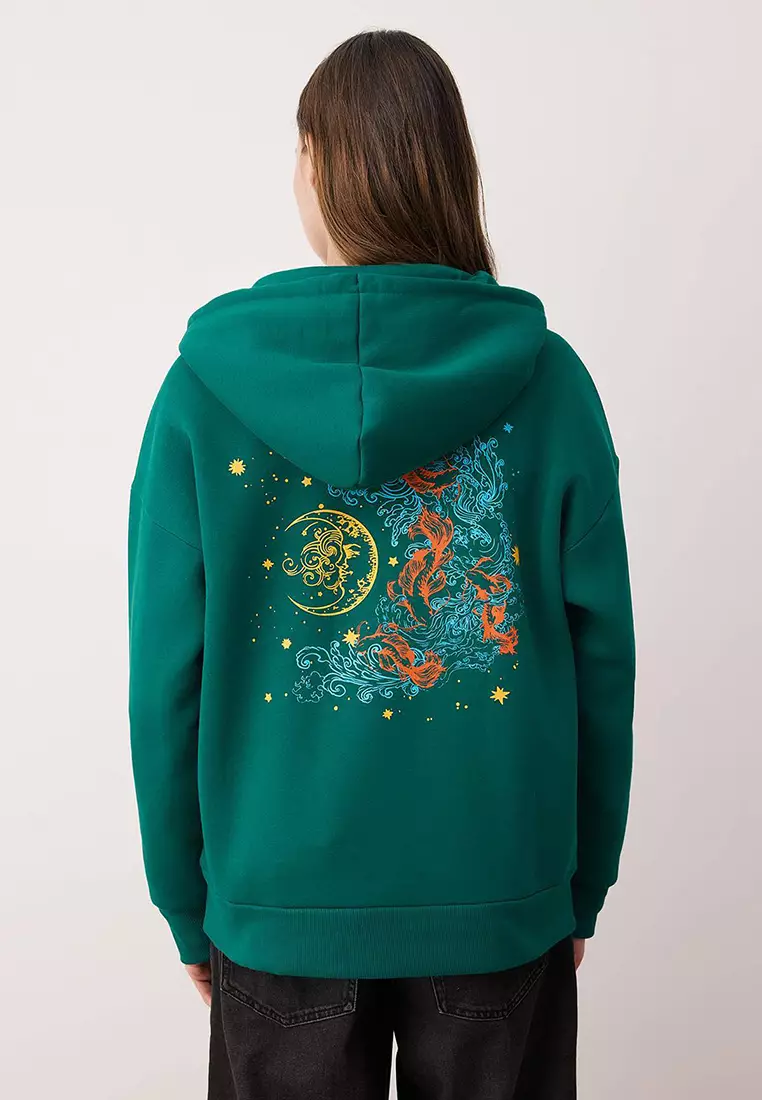 Emerald Green Thick Fleece Lined Hooded Printed Oversize Knitted Sweatshirt