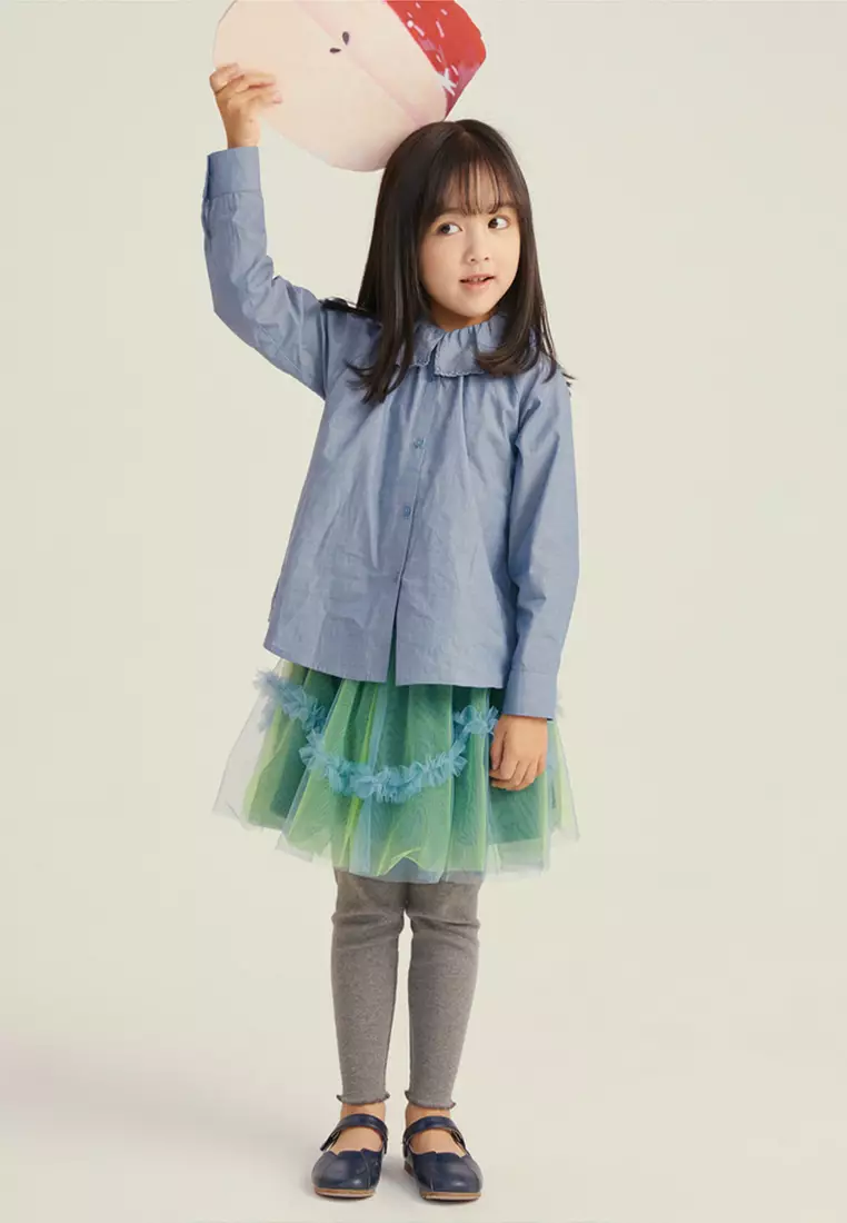 女童长袖衬衫甜美荷叶领纯色小公主衬衣