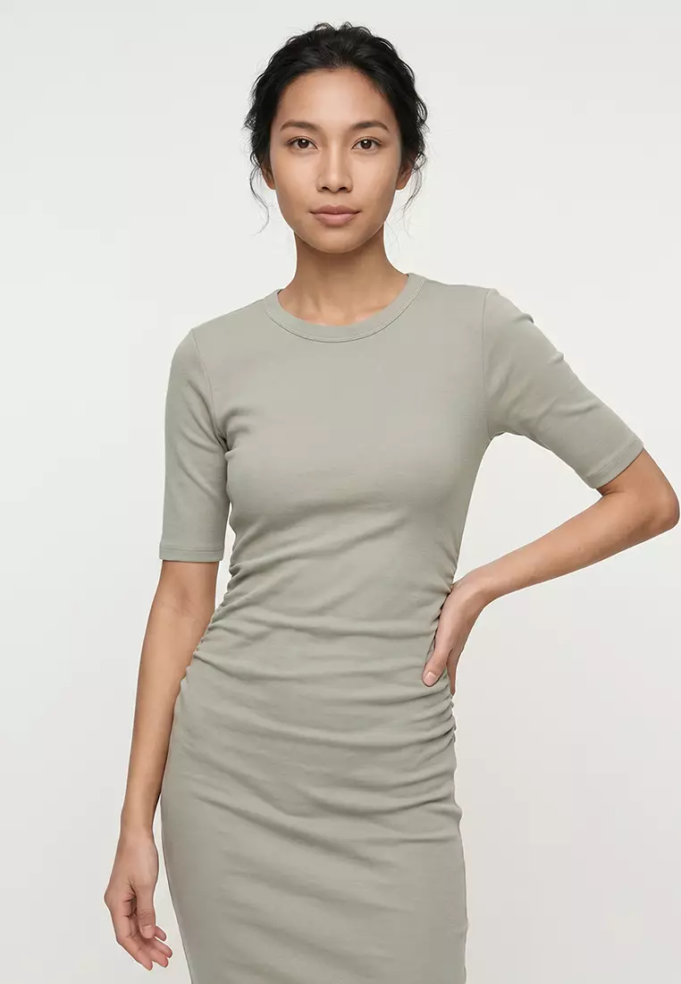 Bodycon Body Hugging Crew Neck Basic Plain Rib Short Sleeve Midi Dress E6003Ax25Sp