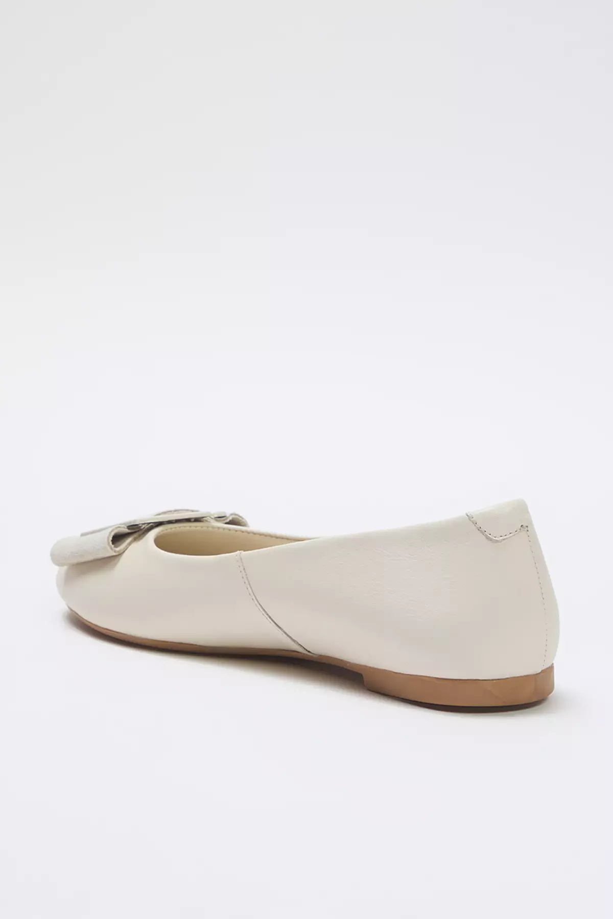 Beige Genuine Leather Buckle Detail Almond Toe Women's Ballerina Flats Takss25Be00032