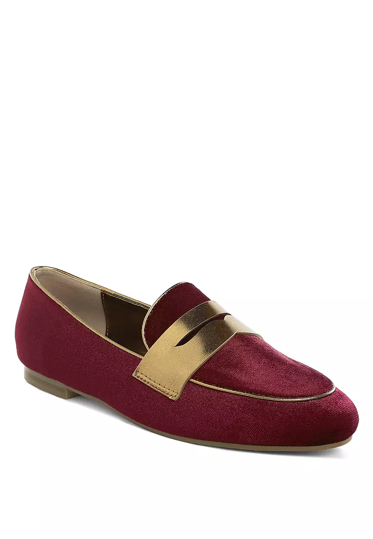 Sepatu Loafer Beludru Tali Penny Warna Burgundy