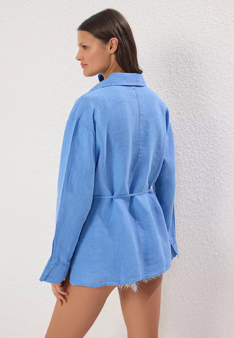 Blue Weaving 100% Linen Tied Beach Shirt TBESS25GO00015