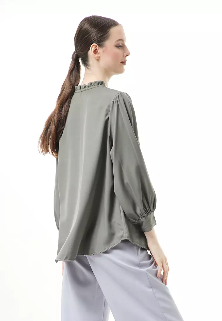 Vionka Kemeja Atasan Wanita Opnaisel Motif Polos - Dark Gray