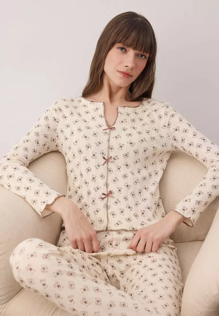 Ecru-Brown 1% Cotton Teddy Bear Ribbon Corded Fabric /Pointel Knitted Pajama Set Thmaw26Pt7