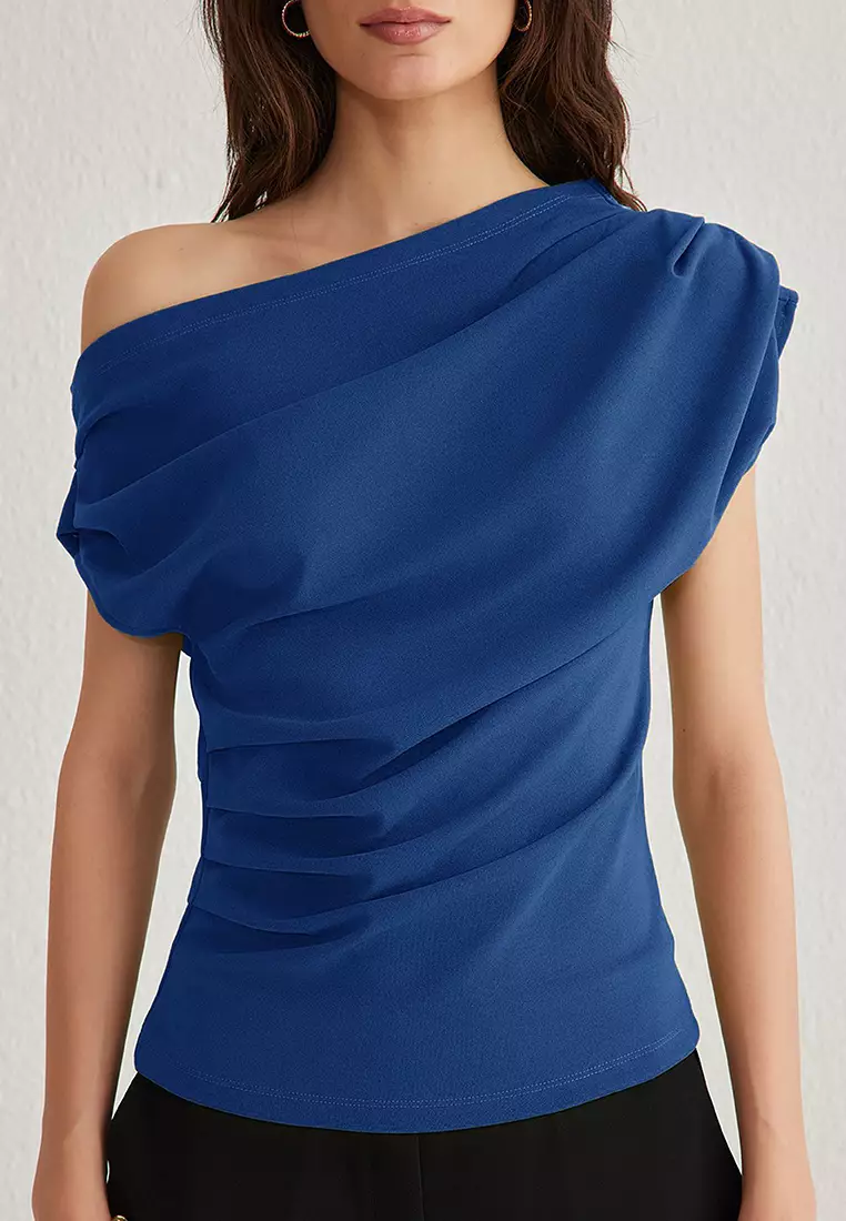 Saks Gather/Drape Detailed Draped Asymmetric Collar Knitted Blouse Twoss25Bz00024