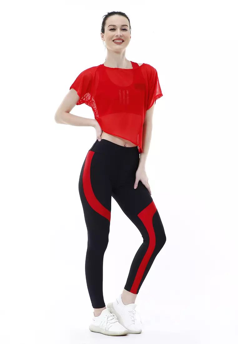 Jeslin One Set Atasan Bawahan Baju Senam Aerobik 3 in 1 High Quality - Merah