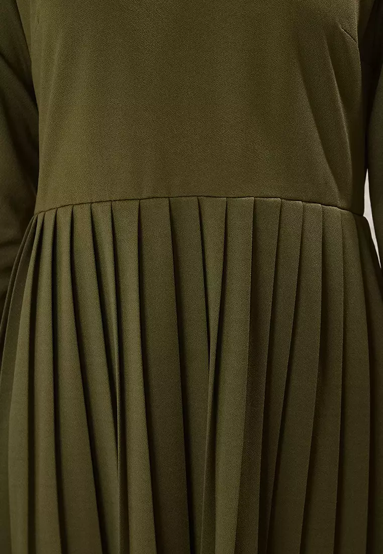 Khaki Pleated Scuba Knit Dress TCTAW24EL00000