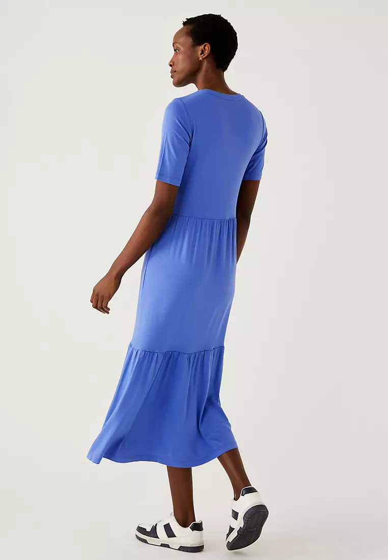 Jersey Round Neck Midi Tiered Dress