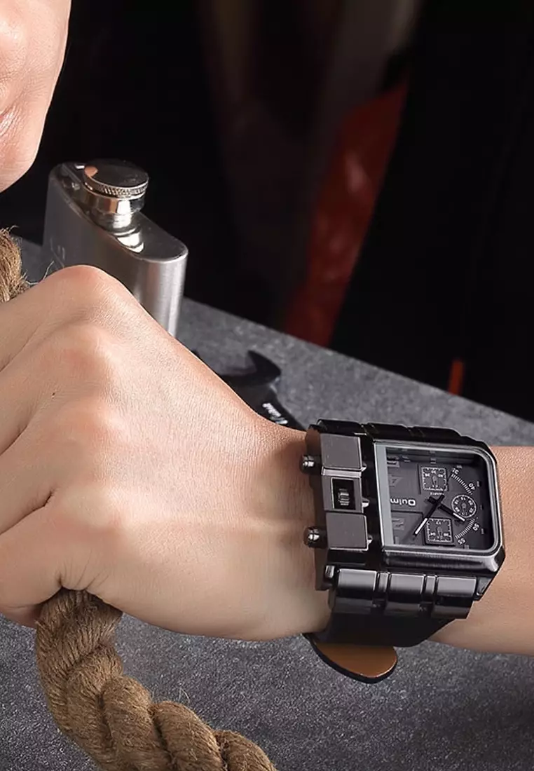 Very Large Men's Quartz Watch - 53x53mm - IP Black Steel case, Black Dial, Black Leather Strap