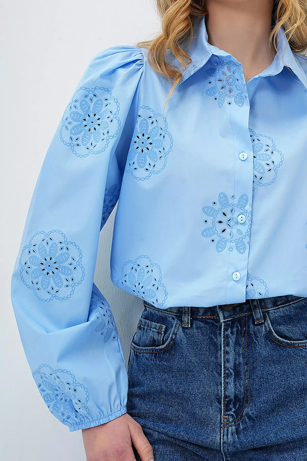 Women's Baby Blue Guipure Woven Premium Shirt Alc-X4366