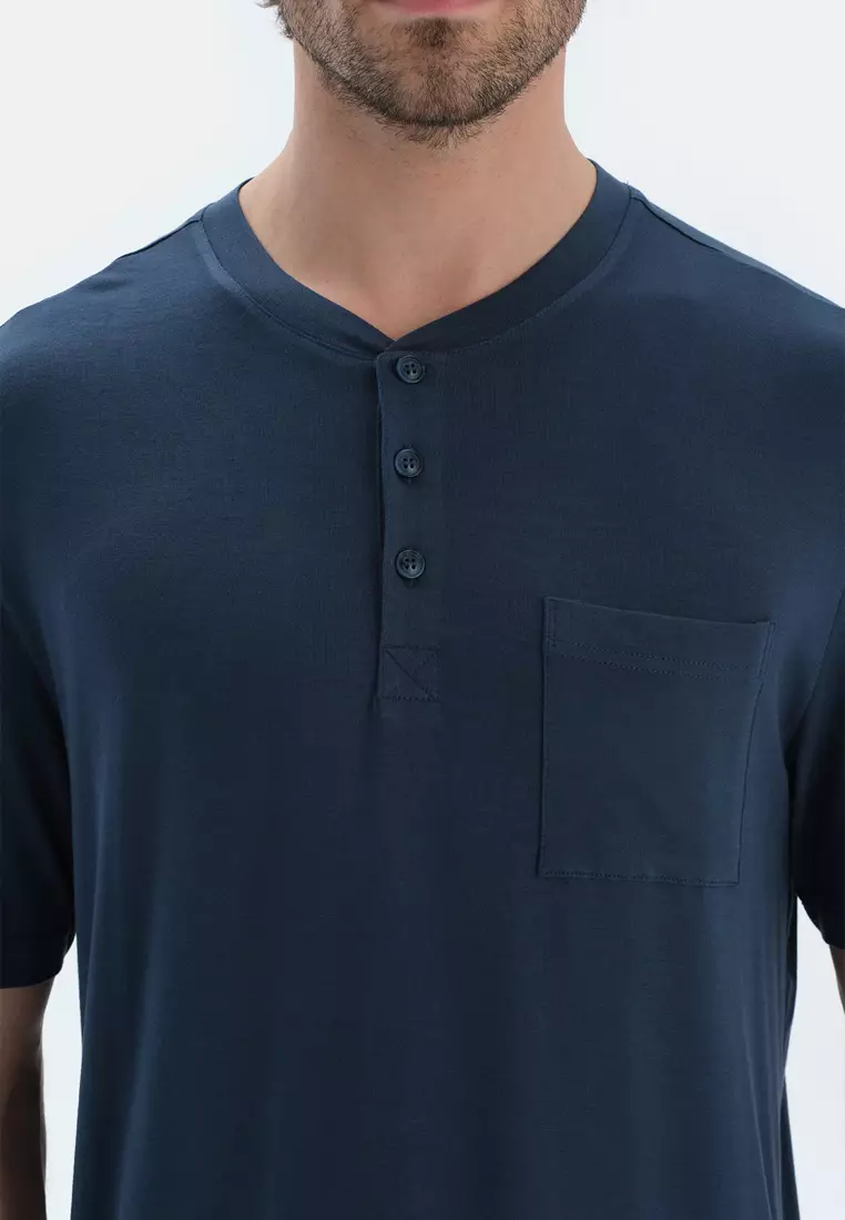 Navy T-Shirt & Trousers, Crew Neck, Regular, Long Leg, Short Sleeve Sleepwear for Men