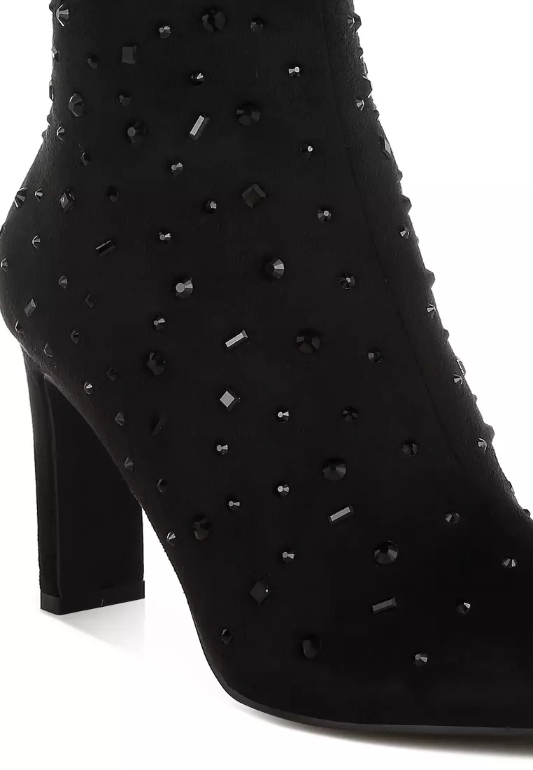 Sepatu bot mikrofiber berhias berlian imitasi berwarna hitam