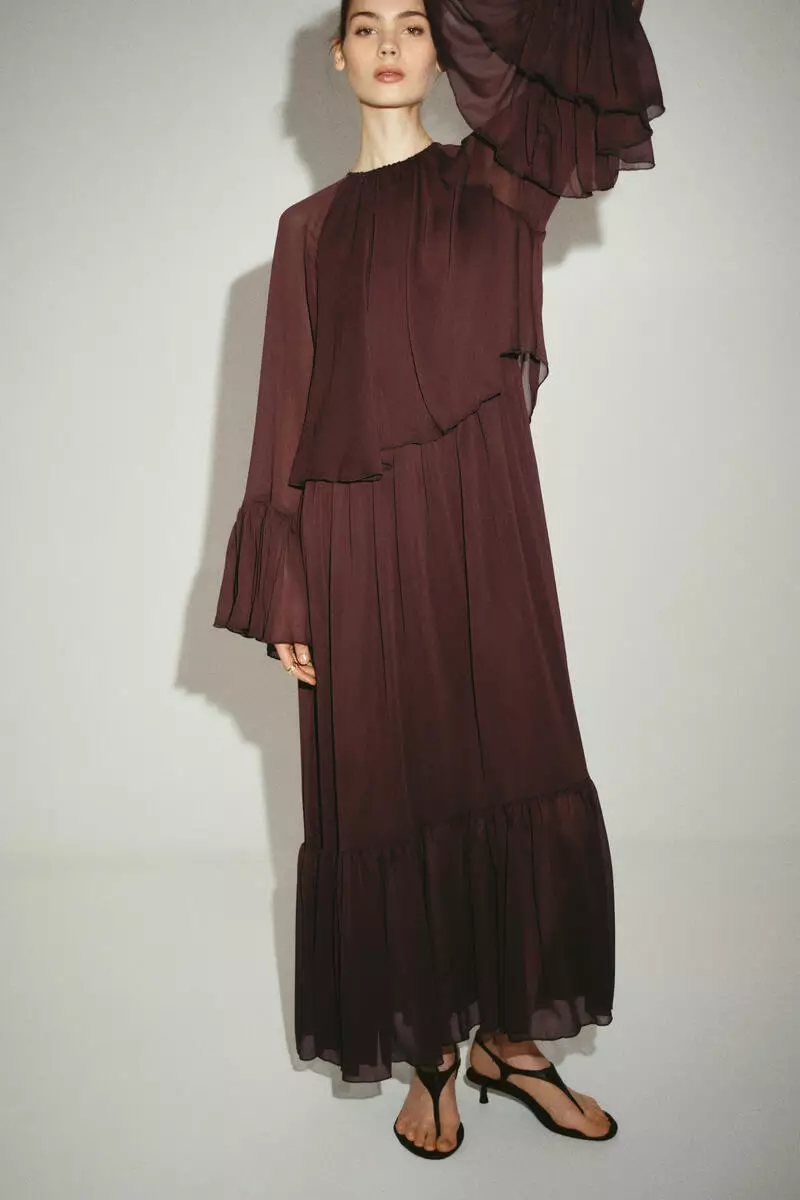 h&m brown ruffle dress Brown Ribbed Long Sleeve Ruffle Dress