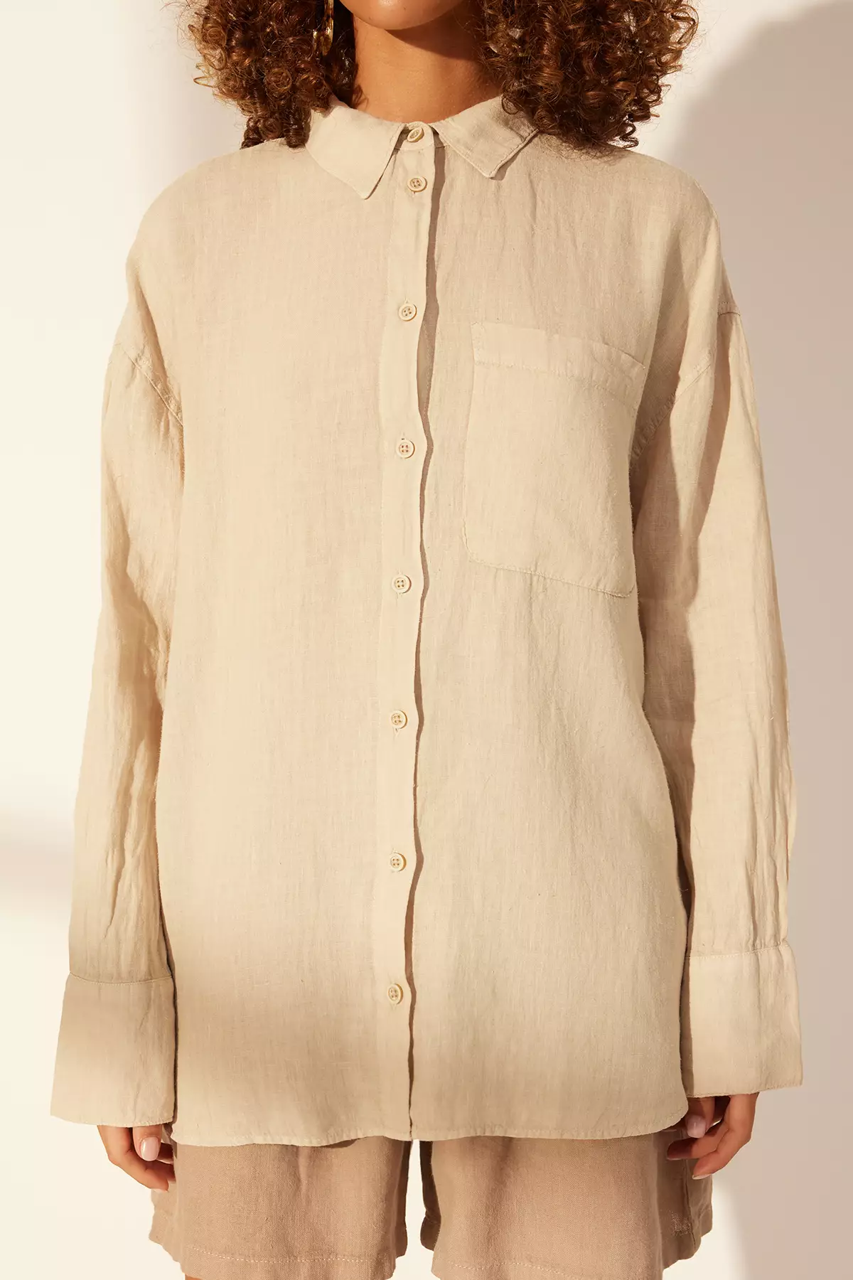 Beige 1% Linen Pocket Detailed Oversized Shirt Twoss26Go39