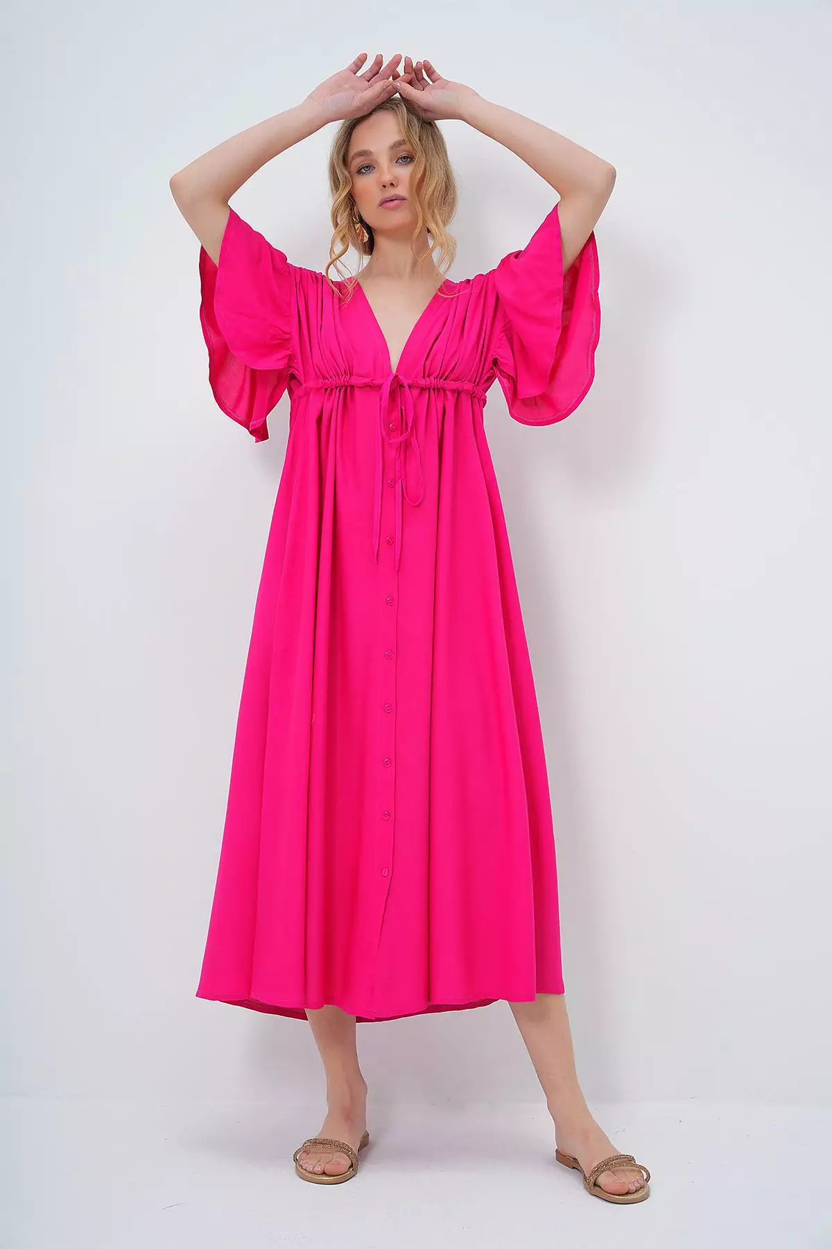 Women's Fuchsia V Neck Backless Tie Detail Front Buttoned Summer Poplin Dress