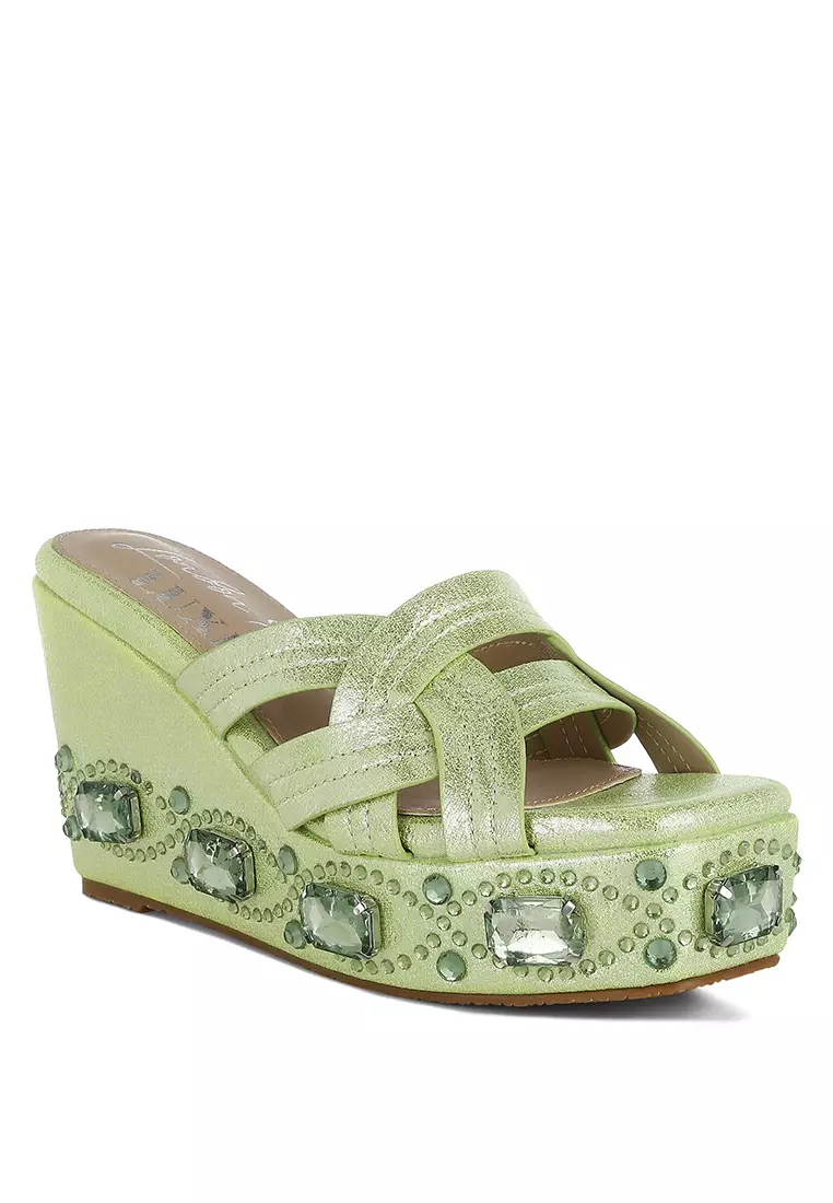 Sandal Potongan Berlian Imitasi & Berlian Imitasi Tebal dalam Warna Hijau Jeruk Nipis