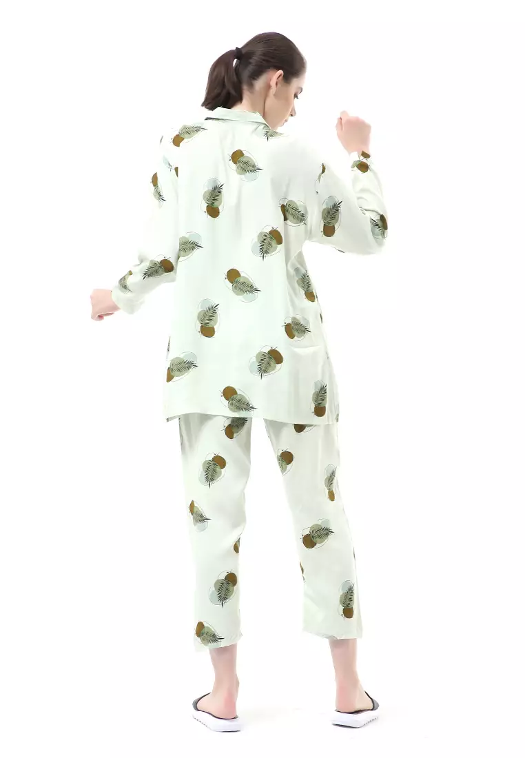 Nayra One Set Setelan Kemeja Wanita Lengan Panjang Leaf Motive Full Kancing Material Rayon ORIGINAL - Green