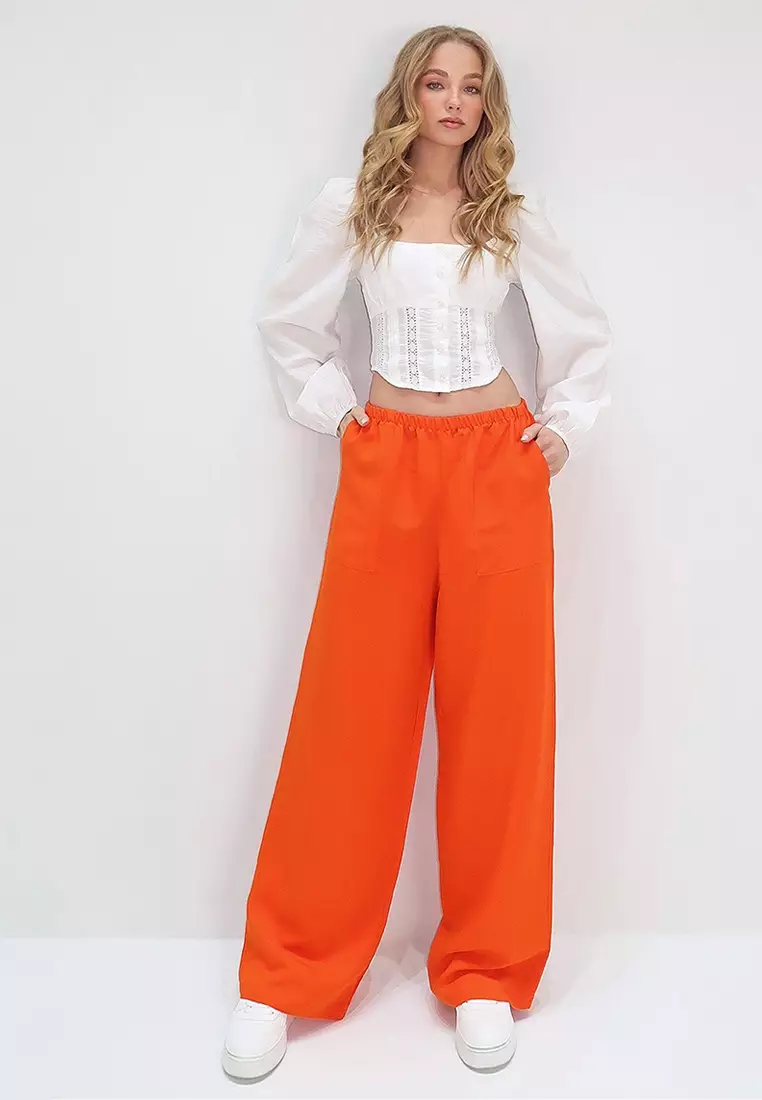 Women's Orange Double Pocket Elastic Waist Linen Wide Leg Pants Alc-X13768