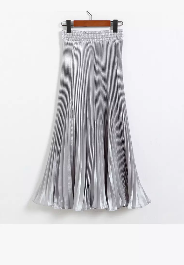 Metallic Silk Pleated Maxi Skirt AF8035