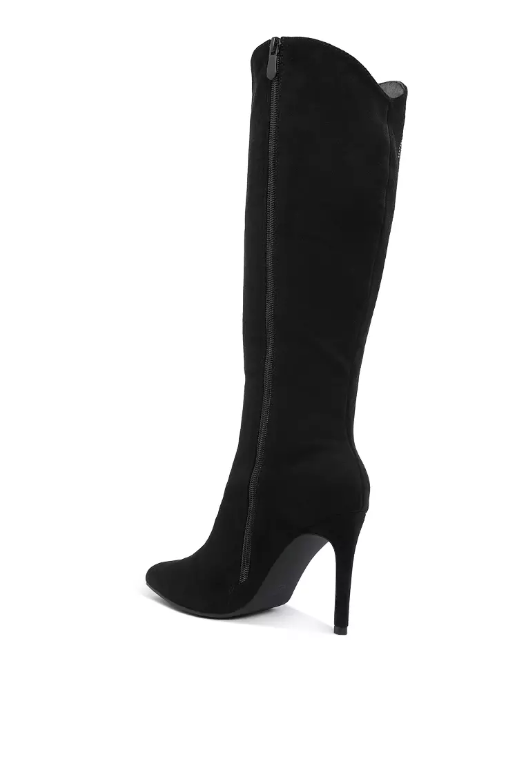 Rhinestone Patterned Calf Boots in Black