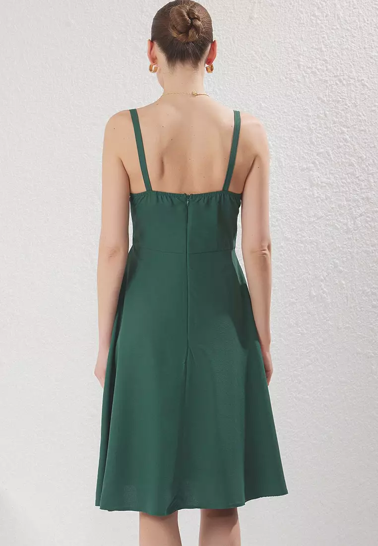 Emerald Green Waist Opening Linen Look Midi Woven Dress TWOSS23EL00378
