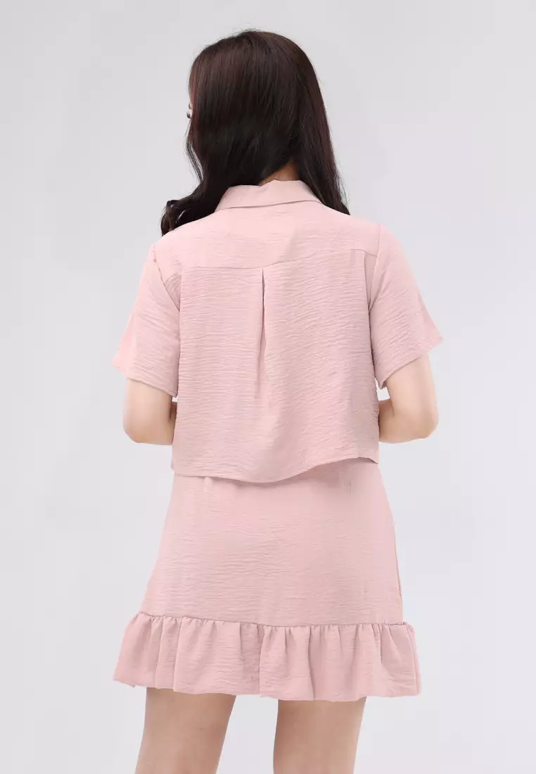 Linen Wrinkles Short Sleeves Blouse/Skirt