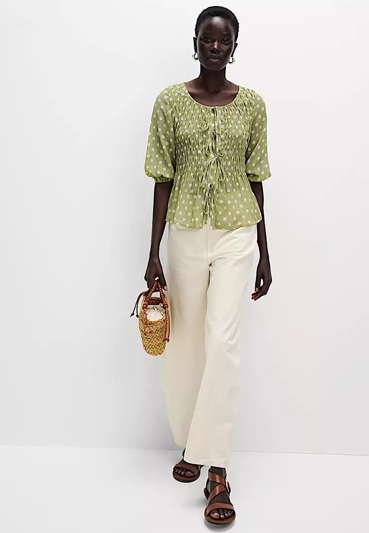 Printed Shirred Tie Detail Puff Sleeve Blouse