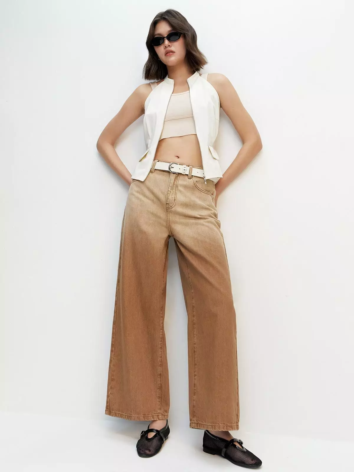Pomelo - Celana Wanita - Gradient High Waist Straight Jeans - Brown