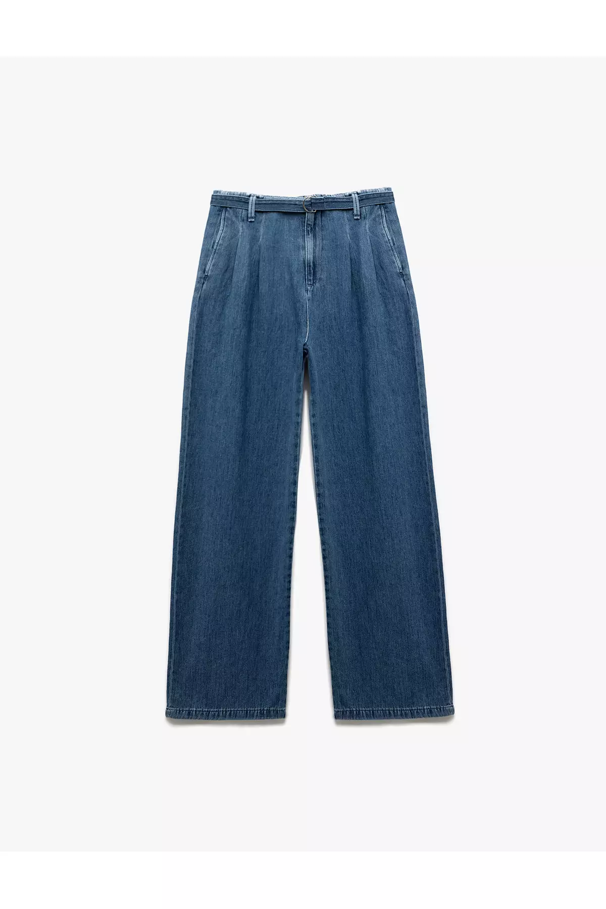 High Waist Wide Leg Belt Detailed Pleated Jean Trousers