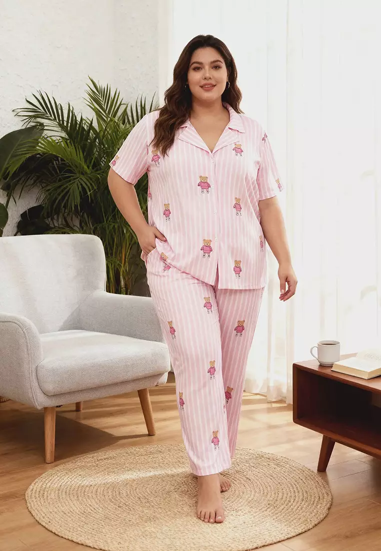 Teddy Bear Patterned Pink Striped Knitted Pajama Set - Shirt Collar Tbbaw25Ai00039