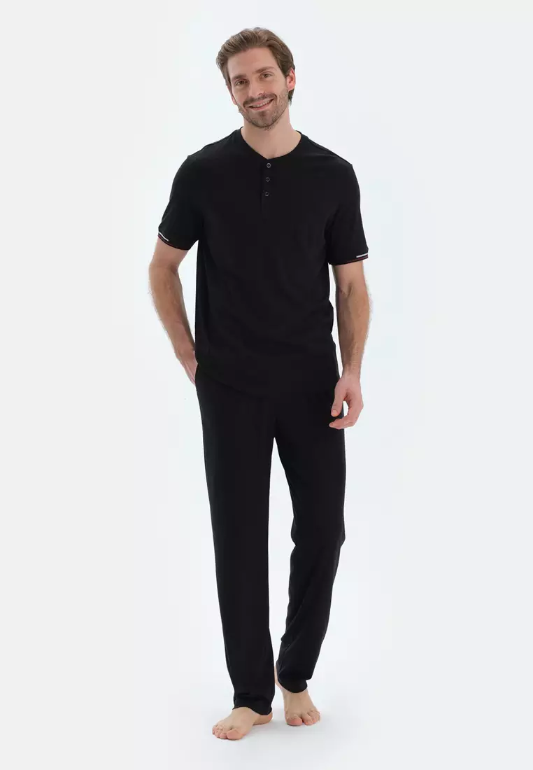 Black T-Shirt & Trousers, Crew Neck, Regular, Long Leg, Short Sleeve Sleepwear for Men