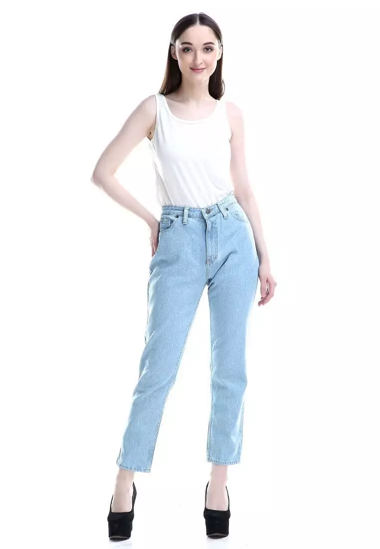 Marilyn Jeans Wanita High Waist Boyfriend Woman Design Simple - Biru Muda