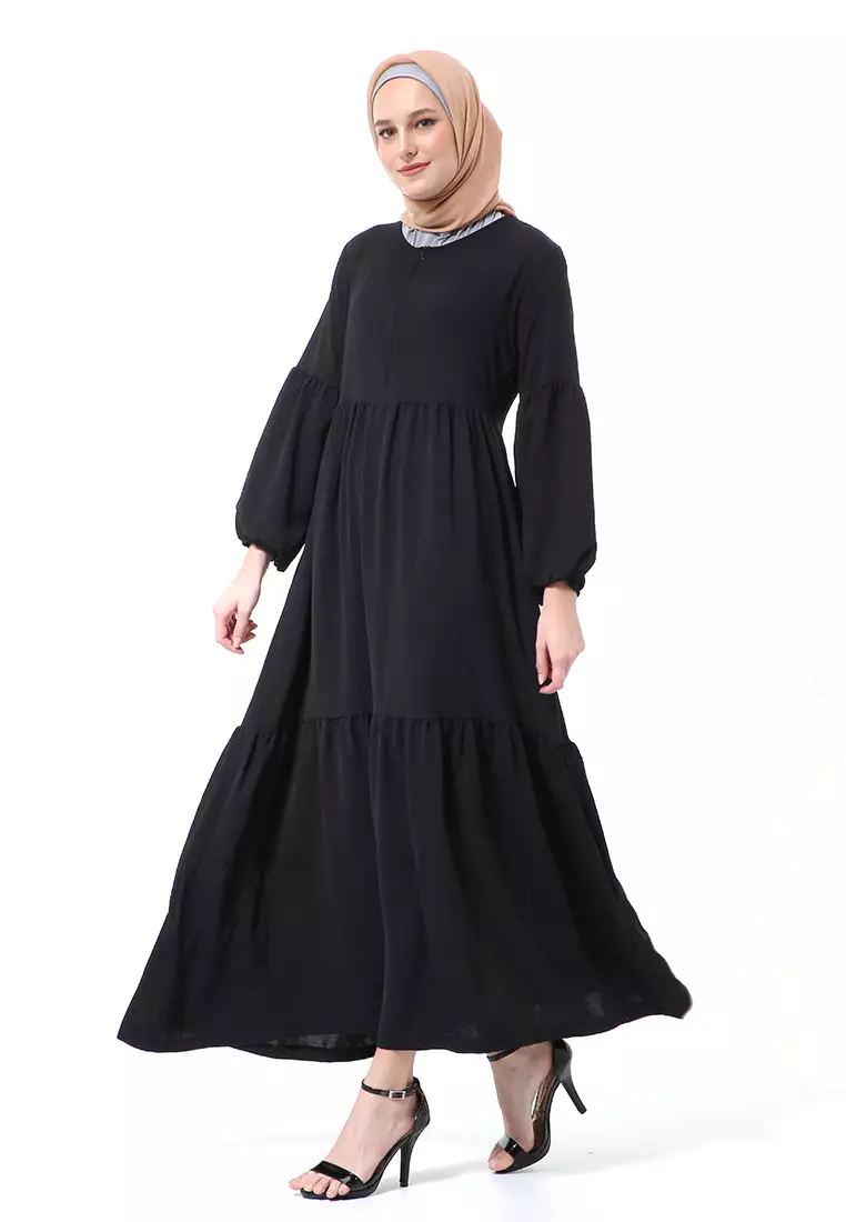 Tika Dress Wanita Gamis Muslimah Rubber Hands High Quality Premium - Black
