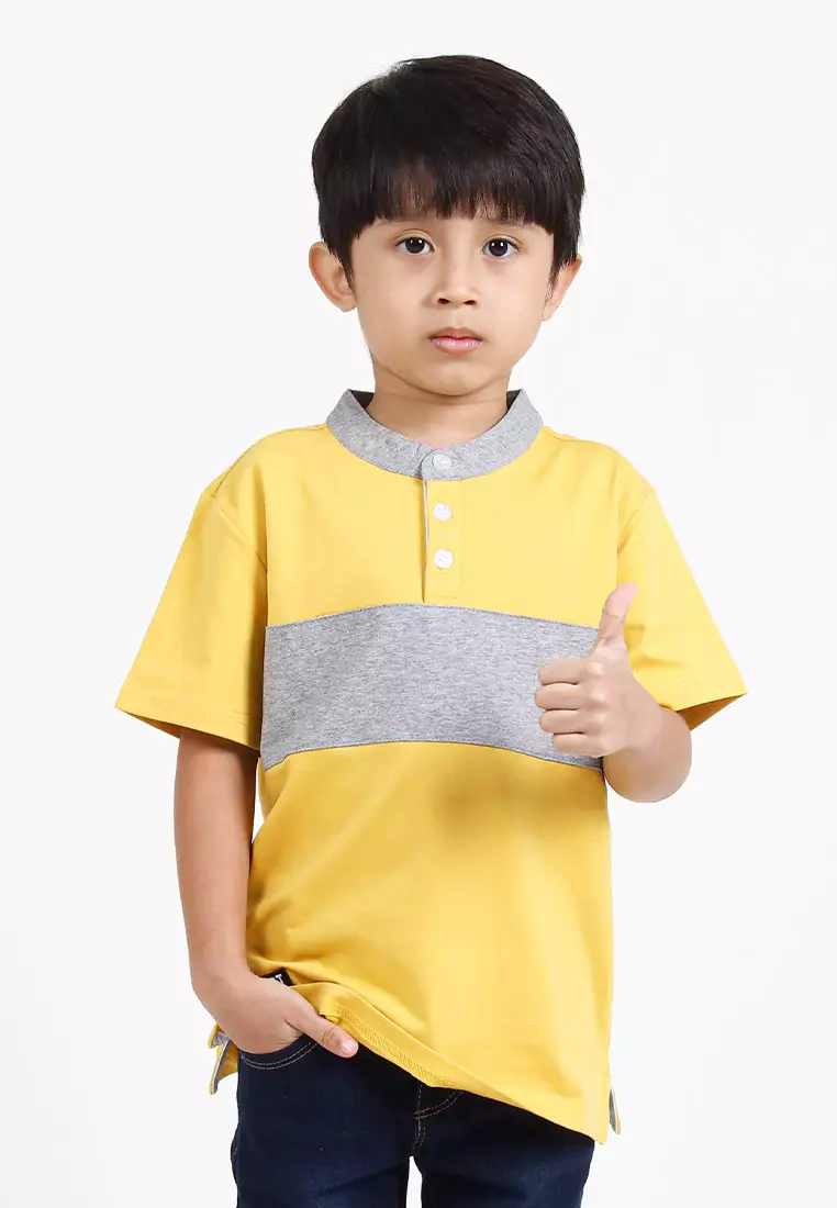 Forest Kids Premium Weight Cotton Stretchable Mandarin Collar T Shirt Men | T Shirt Baju Budak Lelaki - FK20170-65Yellow