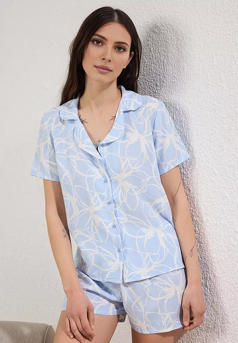 Blue Floral Shorts Woven Pajama Set