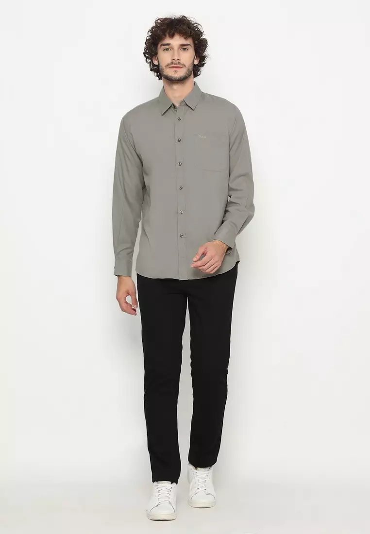 POLICE Kemeja Polos Basic Cotton Soft Grey Regular Fit Lengan Panjang Pria