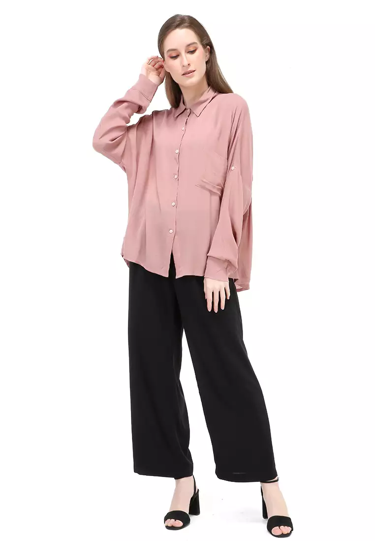 Laura Kemeja Long Sleeves Wanita Motif Polos Atasan Wanita Casual - Mauve