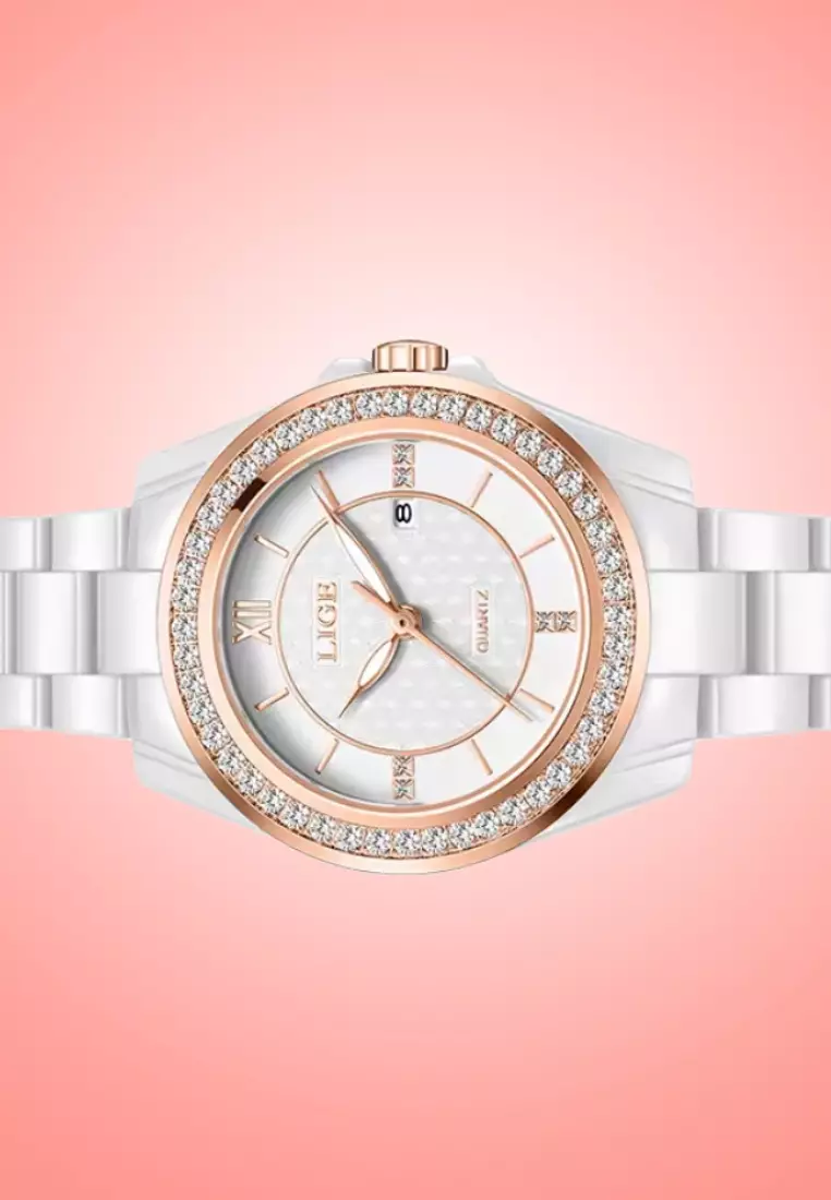 Ladies Alloy Quartz Watch, 32mm , Paved with Crystals, Ceramic Bracelet