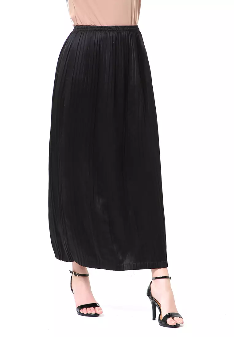 Angely Rok Plisket Rubbery Waist Fashion Wanita Simple - Hitam
