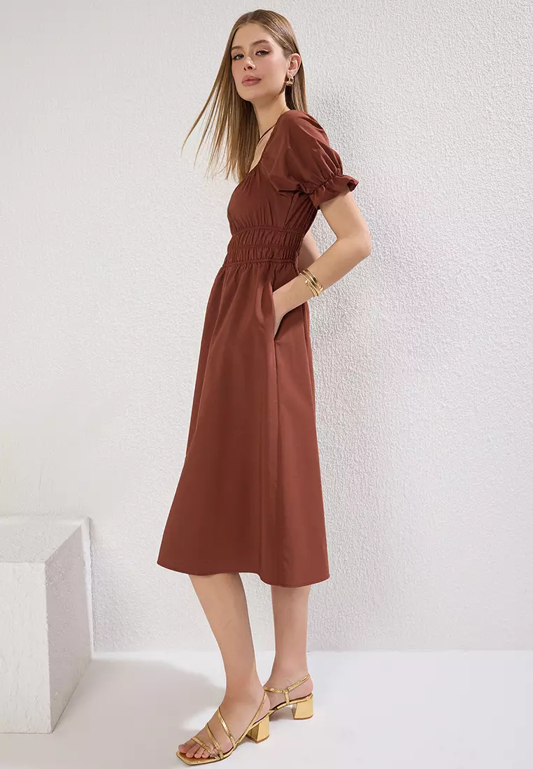 Dark Brown Plain Elastic Midi Woven Dress