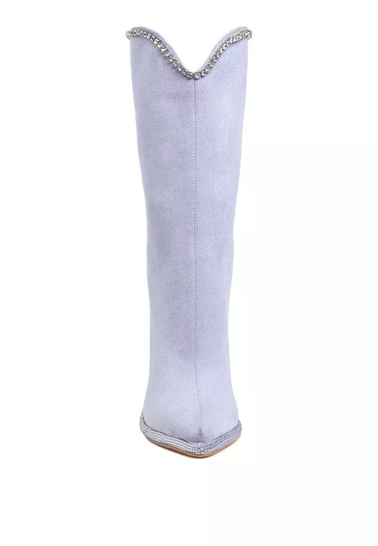 Diamante Chain Detail Calf Boots in Lilac