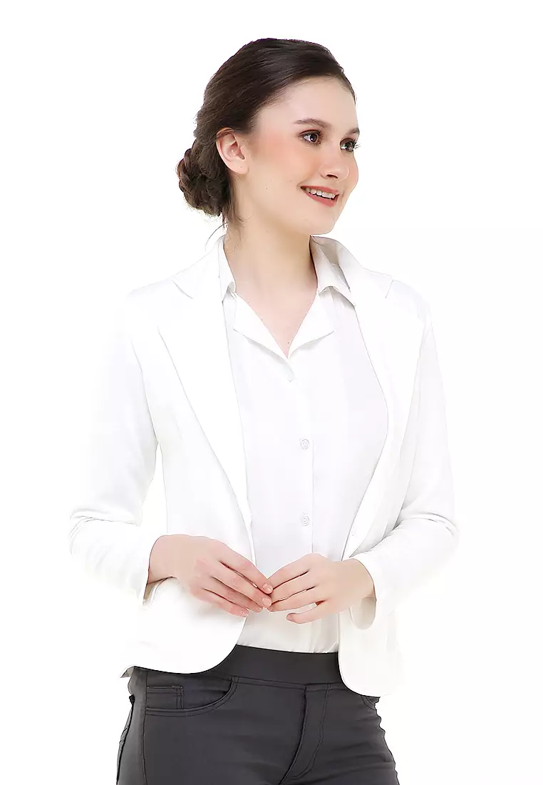 Qemsya Blazer Wanita Slim Fit Plain Suit Formal Longsleeve Material Scuba ORIGINAL - White