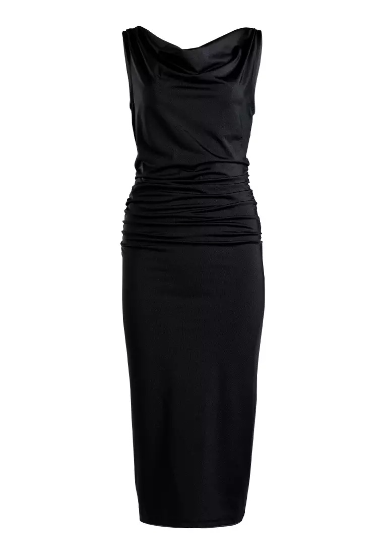 Black Sleeveless Draped Knee Length Dress