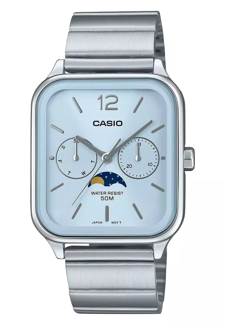 CASIO to the Moon and Back Series MTP-M305D-2AV Jam Tangan Analog Pria - Light Blue Dial Silver Stainless Steel