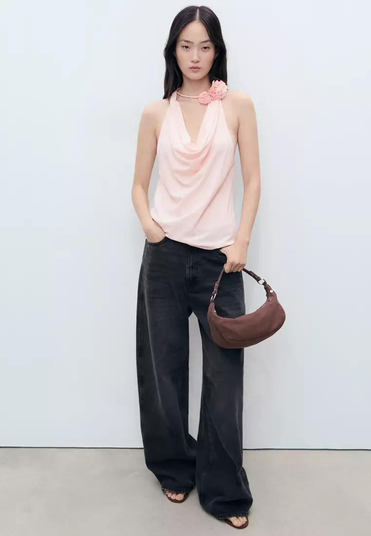 Draped Blouse with Flower Detail