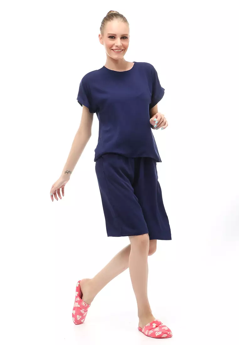 Setelan Wanita Lengan Pendek Design Simple Casual Relaxed Fit - Navy