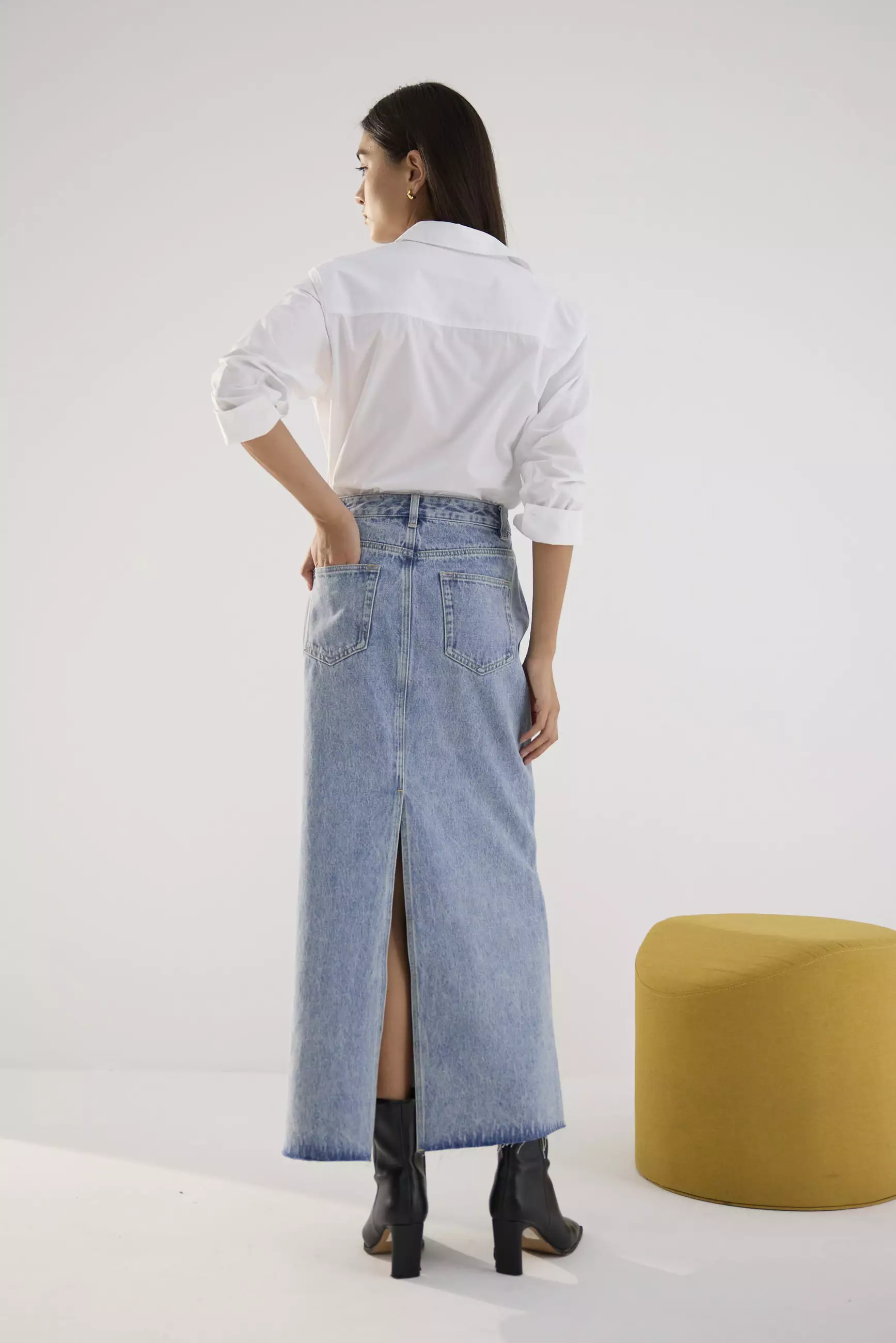 Rok Wanita - Denim Mid Waist A-line Maxi Skirt