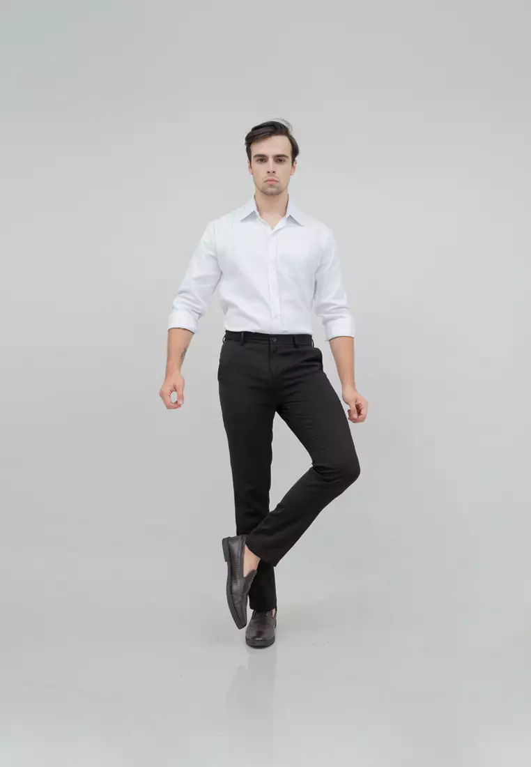 Celana panjang pria kerja formal bahan slim fit PINGGANG KARET Cokelat