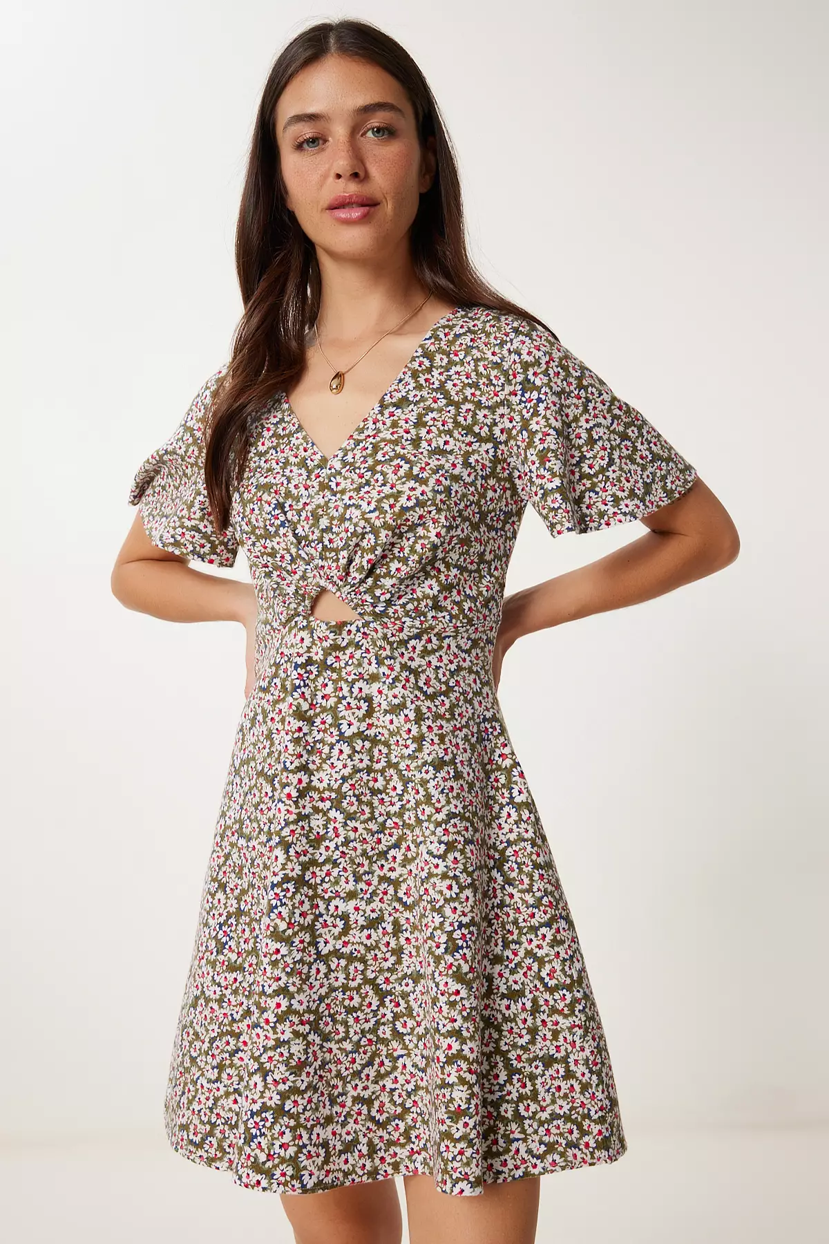 Women's Khaki Floral Summer Mini Linen Dress Fk00034